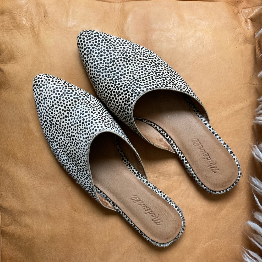 Madewell Pointed Toe Spotted Calf Hair Mules